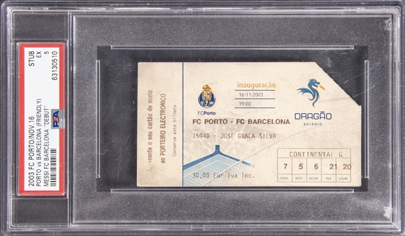 2003 FC Porto/FC Barcelona Ticket Stub From Lionel Messis Debut - PSA EX 5